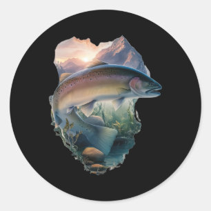 Sticker Rond Pêche à la mouche de la truite Montagnes Nature Pê