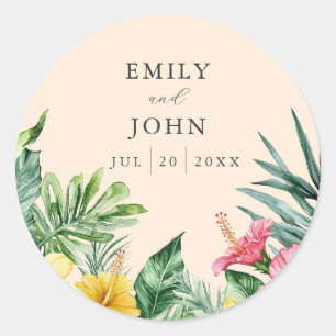 Sticker Rond Pêche Aquarelle Fleurs tropicales Mariage Faveur