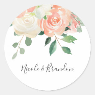 Sticker Rond Pêche aquarelle Floral Mariée et chambre