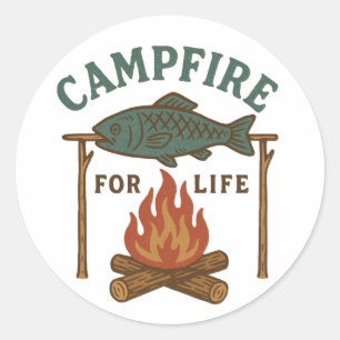 Sticker Rond Pêche au feu de camp vintage Camping pour la vie