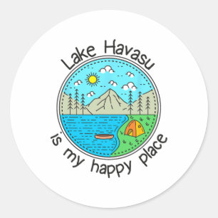 Sticker Rond Pêche Bateau Camping - Mon endroit heureux Lac Hav