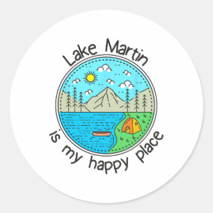 Sticker Rond Pêche Bateau Camping - Mon endroit heureux Lac Mar