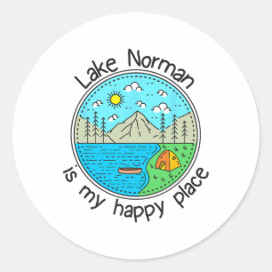 Sticker Rond Pêche Bateau Camping - Mon endroit heureux Lac Nor
