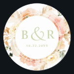 Sticker Rond Pêche, Blush avec Enveloppe Mariage verte / Favori<br><div class="desc">Elégante enveloppe mariage monogrammée sceau ou préférez autocollant avec de magnifiques détails aquarelle florale dans un magnifique mélange de teintes pêche, orange, rose rousse, crème et champagne. Centrer en blanc avec initiales et deuxième ligne de texte en vert. Deux options de taille et plusieurs options de forme à choisir. La...</div>