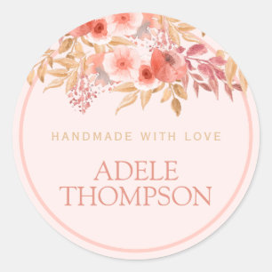Sticker Rond Pêche Chic Floral Doré Fabriqué à la Main Avec Amo