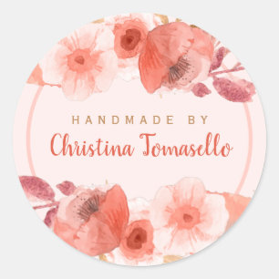 Sticker Rond Pêche Chic Florale Dorée Faite à la Main Personnal