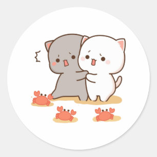 Sticker Rond Pêche Et Chat Goma Mochi