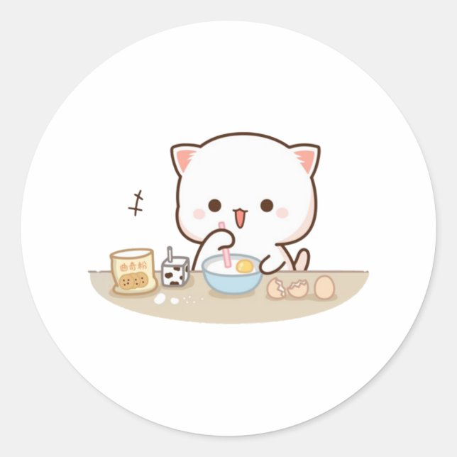 Sticker Rond Pêche Et Goma Mochi Chat Fabriquant Des Gâteaux (Devant)