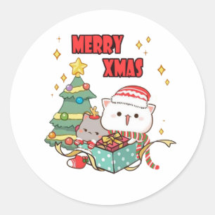 Sticker Rond Pêche Et Goma Mochi Chat, Joyeux Noël