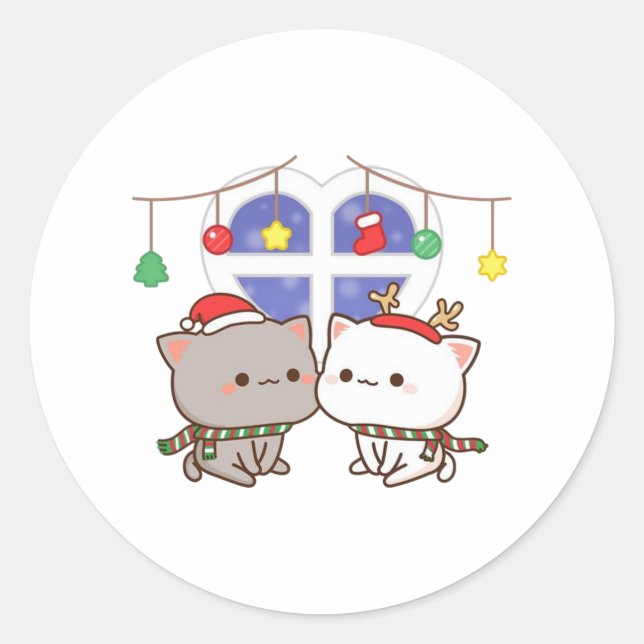 Sticker Rond Pêche Et Goma Mochi Chat, Joyeux Noël (Devant)