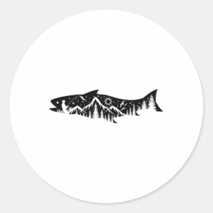 Sticker Rond Pêche Forêt Montagne Silhouette Extérieur Aventure
