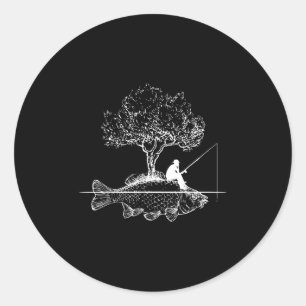 Sticker Rond Pêche Île de Poisson Surréaliste Carpe Pêcheur
