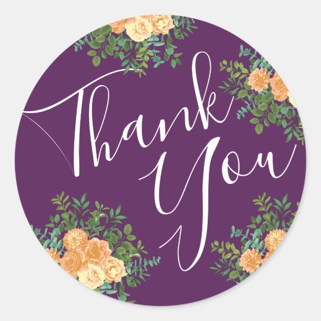 Sticker Rond Pêche & Plum Purple Peony & Rose Floral Mariage (Devant)