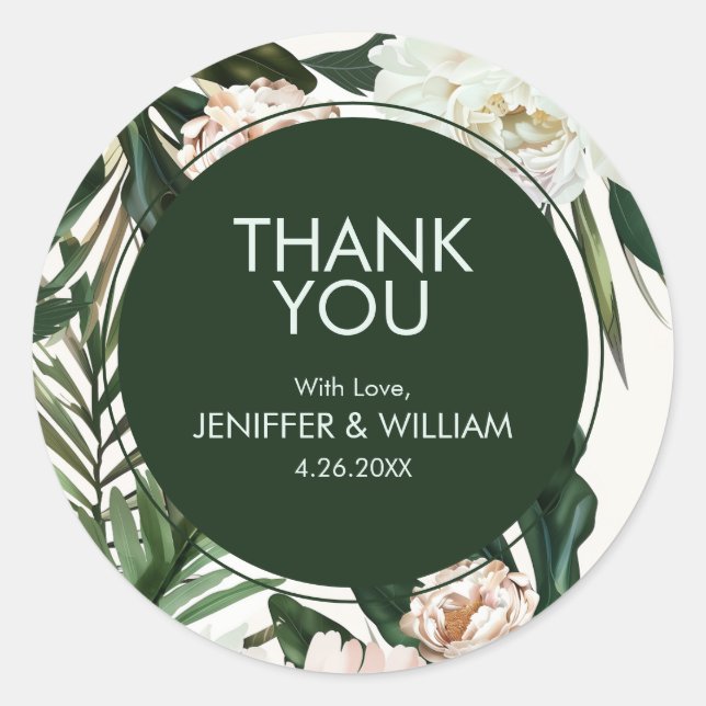 Sticker Rond Pêcher les pivoines blanches et Feuilles verts Mar (Devant)