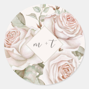 Sticker Rond Pêcher les Roses avec Mariage Monogrammes