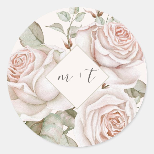 Sticker Rond Pêcher les Roses avec Mariage Monogrammes (Devant)