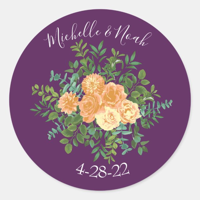 Sticker Rond Pêcher Mariage violet Roses floraux (Devant)