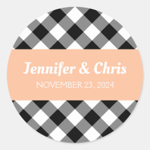 Sticker Rond Pêcher noir et blanc Buffalo Plaid Mariage