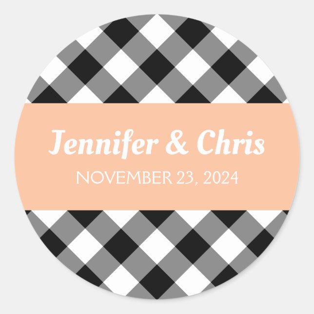 Sticker Rond Pêcher noir et blanc Buffalo Plaid Mariage (Devant)