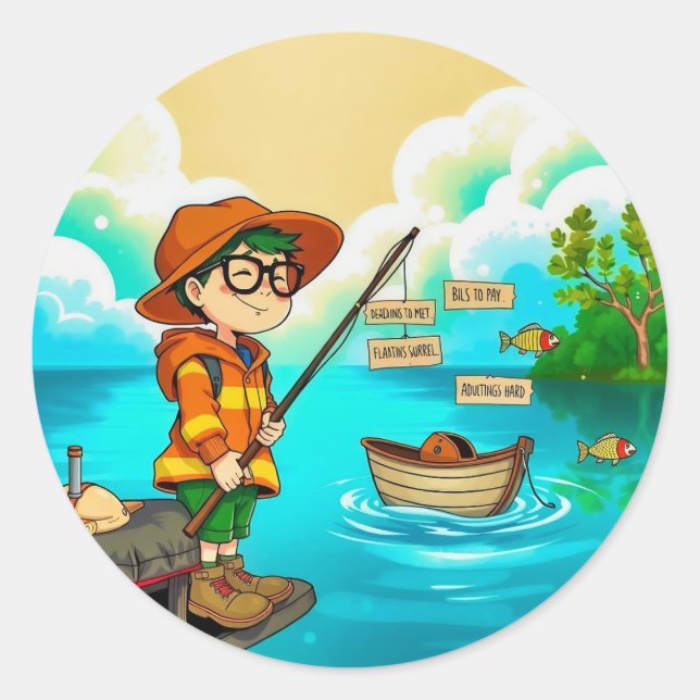 Sticker Rond Pêcher pour la simplicité : l'évasion d'un enfant (Devant)