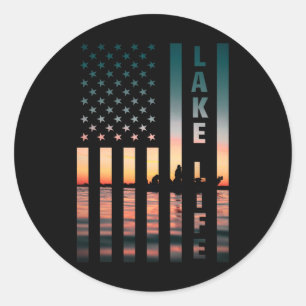 Sticker Rond Pêcheur de la vie au lac Coucher de soleil Drapeau