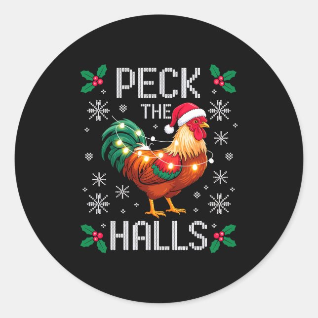 Sticker Rond Peck The Halls Chicken Christmas Lights Snowflakes (Devant)