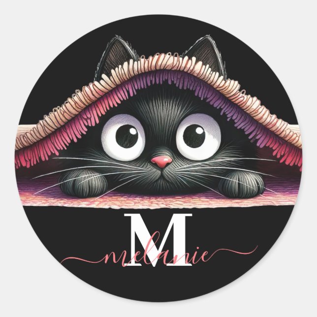Sticker Rond Peek-a-Boo Kitten Nom et Monogramme Filles' (Devant)