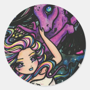 Sticker Rond Pegasus Cosmic Rainbow Star Fairy Girl Imaginaire