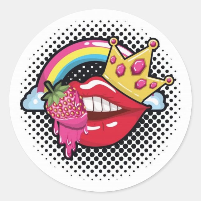 Sticker Rond pegatina,boca roja con frutilla, corona y arcoiris (Devant)