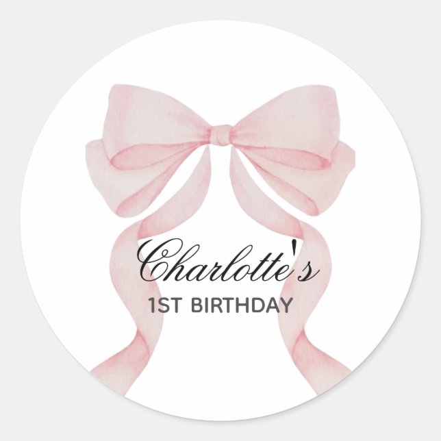 Sticker Rond Pegatina Pink Bow Girl First Birthday (Devant)