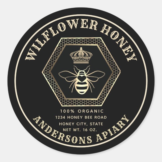 Sticker Rond Peigne de miel élégant or queen bee miel pot (Devant)