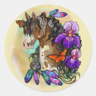 Sticker Rond Peindre Cheval Mustang avec Iris et papillons