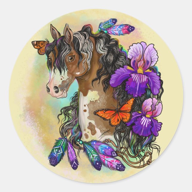 Sticker Rond Peindre Cheval Mustang avec Iris et papillons (Devant)