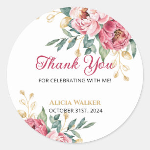 Sticker Rond Peine rose rouge Feuille d'or vert Anniversaire Me