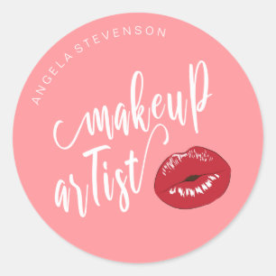 Sticker Rond Peintre de maquillage rose aux lèvres élégantes