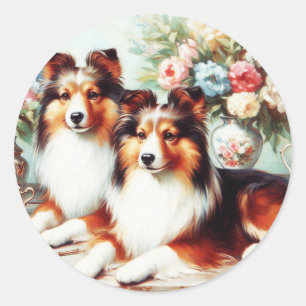 Sticker Rond Peinture à l'huile de Chiens Cute Retro