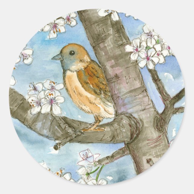 Sticker Rond Peinture aquarelle de l'arbre à fleurs d'oiseaux d (Devant)