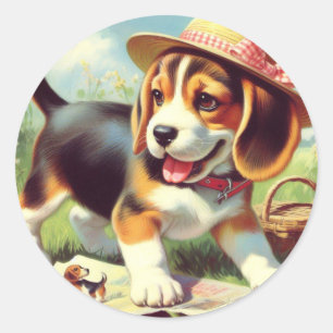 Sticker Rond Peinture Beagle sur chiot