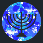 Sticker Rond Peinture bleue Menorah<br><div class="desc">stickers de menorah éclaboussée de peinture bleue.</div>