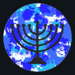 Sticker Rond Peinture bleue Menorah<br><div class="desc">stickers de menorah éclaboussée de peinture bleue.</div>