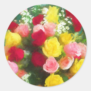 Sticker Rond Peinture Bouquet Rose - Jolie Art Fleur Originale