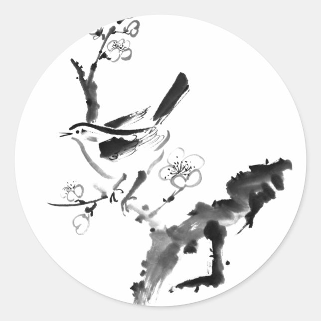 Sticker Rond Peinture chinoise, fleur de prune et oiseau (Devant)