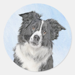 Sticker Rond Peinture Collie Bordure - Joli art original chien