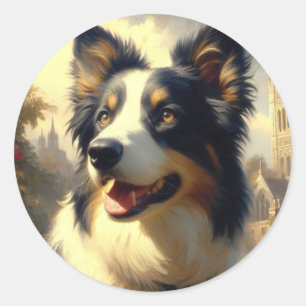 Sticker Rond Peinture Collie vintage
