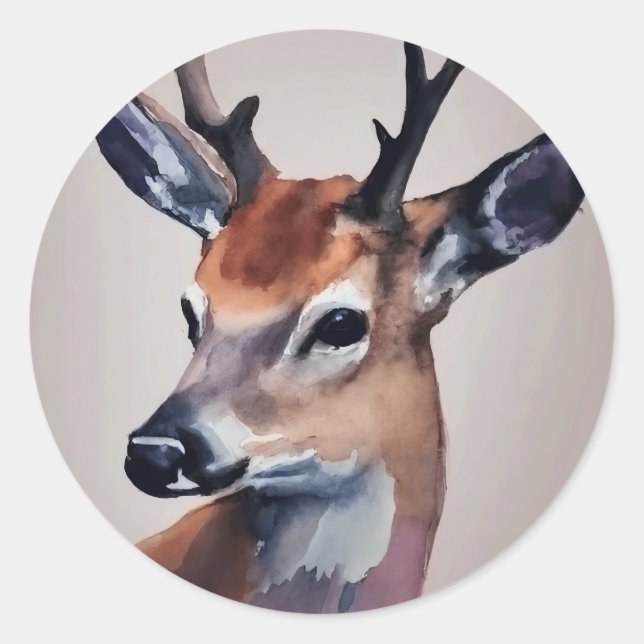Sticker Rond Peinture d'aquarelle Wild Deer Portrait, Cerf (Devant)
