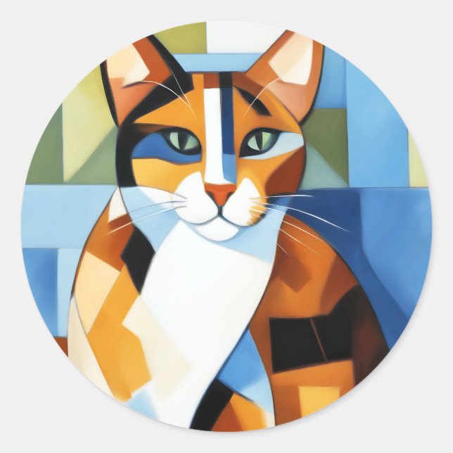 Sticker Rond Peinture d'art Cubiste Calico Cat (Devant)
