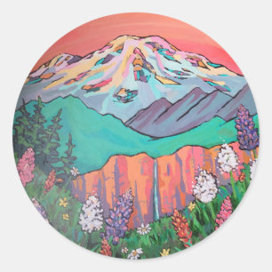 Sticker Rond Peinture de cascade de fleurs sauvages du mont Rai