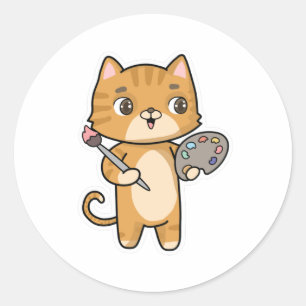 Sticker Rond Peinture de chat avec couleur et pinceau