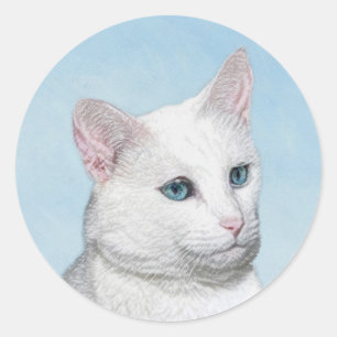 Sticker Rond Peinture de chat blanc - Cute Original Cat Art