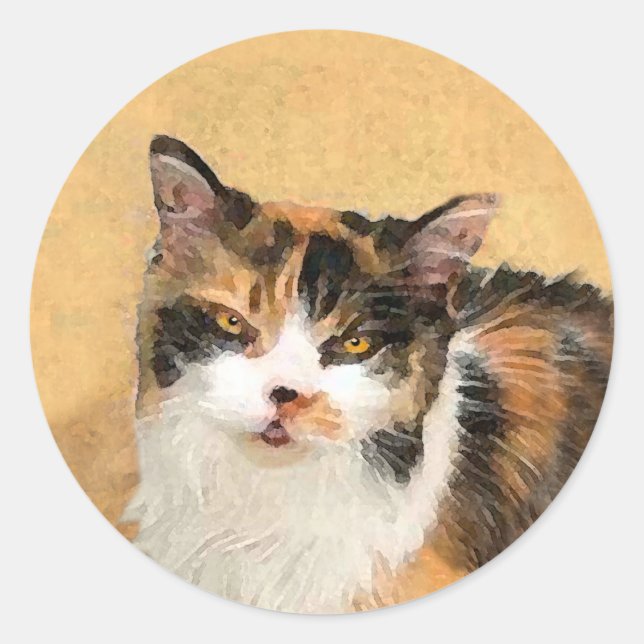 Sticker Rond Peinture de chat Calico - Cute Original Cat Art (Devant)